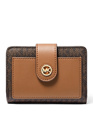 Shop Michael Kors Michael  Small Logo Print Compact Wallet In Brown/acorn