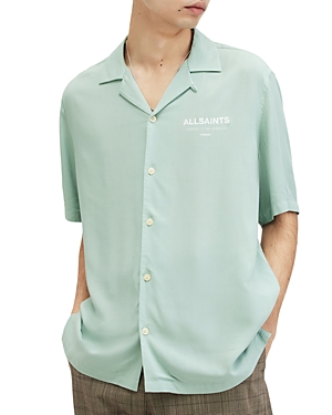 Shop Allsaints Underground Logo Print Relaxed Fit Button Down Camp Shirt In Teal Green