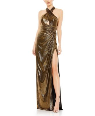 Mac Duggal - Metallic Criss Cross Halter Neck Gown