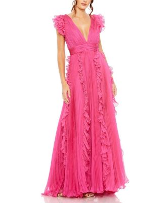 Mac Duggal Pleated Ruffle Cap Sleeve Flowy A Line Gown