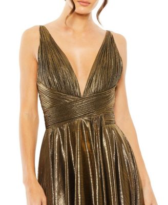 Sleeveless V Neck Pleated Top Metallic Dress