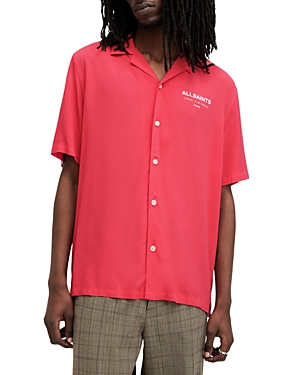 Shop Allsaints Underground Logo Print Relaxed Fit Button Down Camp Shirt In Hot Pink