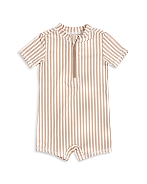 Firsts By Petit Lem Striped Short Sleeve Swim Romper - Baby In Sand