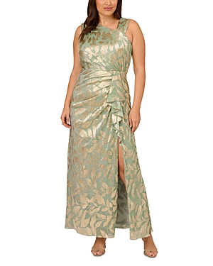 Shop Adrianna Papell Plus Foil Leaf Asymmetric Gown In Sage/gold