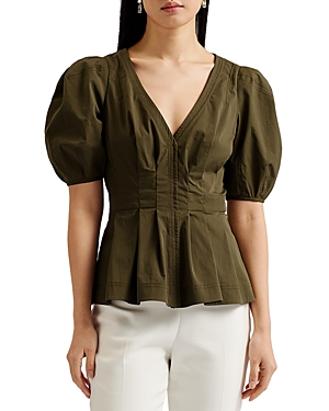 Shop Ted Baker Stitch Detail Puff Sleeve Top In Khaki