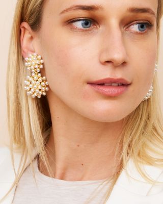 Cluster Imitation Pearl Clip On Drop Earrings, 2"L