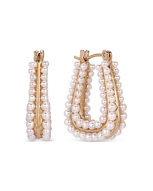 Shop Ettika Imitation Pearl Tapered Hoop Earrings In White/gold