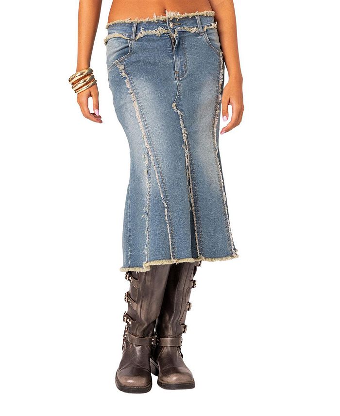Pre-Order Irregular Distressed Bottom Denim Midi Skirts