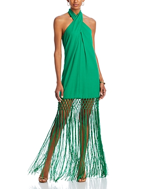 Shop Aqua Fringe Hem Halter Dress - 100% Exclusive In Green