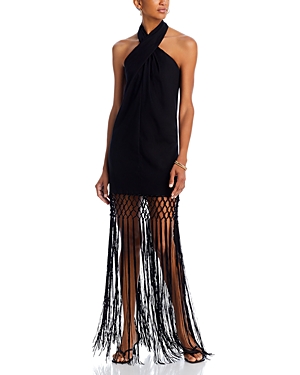 Shop Aqua Fringe Hem Halter Dress - 100% Exclusive In Black