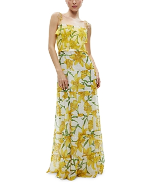 Shop Alice And Olivia Marna Tiered Midi Tie Strap Dress In Star Yellow