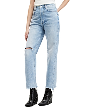 Shop Allsaints Edie Destroy High Rise Straight Jeans In Light Indigo
