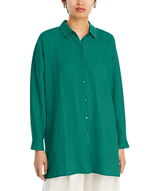Shop Eileen Fisher Linen Classic Collar Long Shirt In Seastar