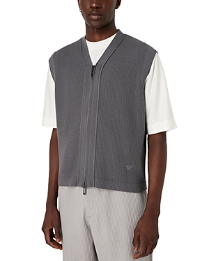 Shop Emporio Armani Sleeveless Ribbed Zip Front Cardigan In Solid Medium