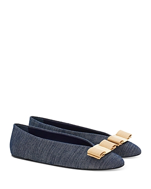 Ferragamo Vara Denim Ballerina Shoes In Blue