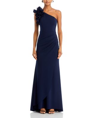 One Shoulder Ruffle Crepe Gown - Exclusive