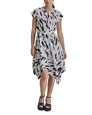 Shop Dkny Printed Linen Button Front Tie Waist Dress In Fluoro Yellow/wave Blue Multi