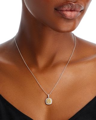 Yellow &amp; White Diamond Halo Pendant Necklace in 18K White Gold, 18&amp;quot; 