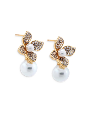 Shop By Adina Eden Pave Four Leaf Dangling Flower Imitation Pearl Stud Earrings In White/gold