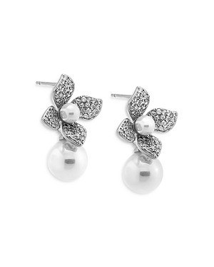 Pave Four Leaf Dangling Flower Imitation Pearl Stud Earrings