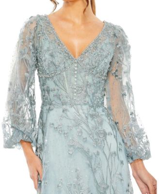 Puff Sleeve A Line Embellished Mesh Dress