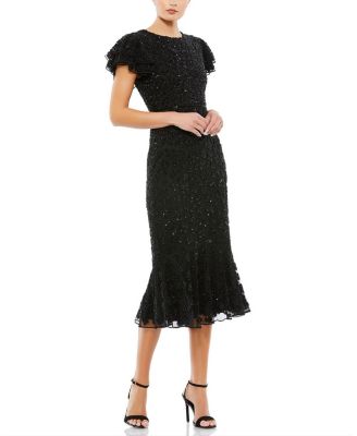 Mac Duggal - Hand Beaded Flounce Sleeve Midi Dress