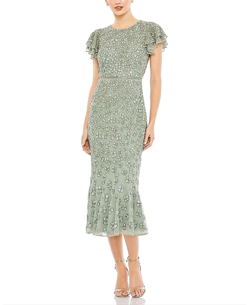 Mac Duggal Beaded Ruffle Sleeve Midi Cocktail Dress In Sage