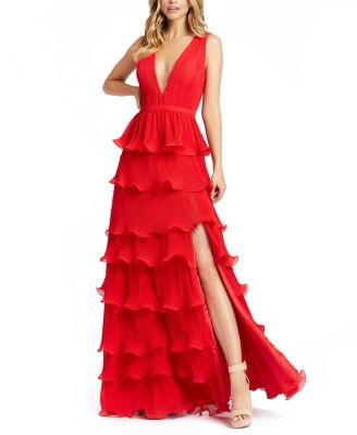 Sleeveless Ruffle Tiered V Neck Gown