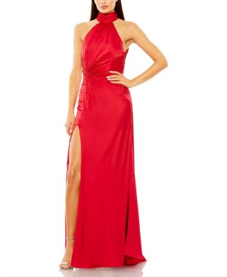 Open Back High Neck Side Ruched Gown