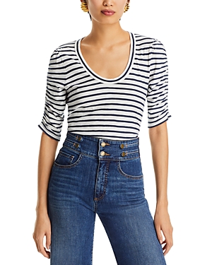 Shop Veronica Beard Netto Striped Elbow Sleeve Tee In Off White