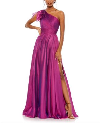 Mac duggal 新作 パープル クリン フェミニン ワンピース 紫 Mac Duggal Chiffon One Shoulder Long Sheer Sleeve Rosette
