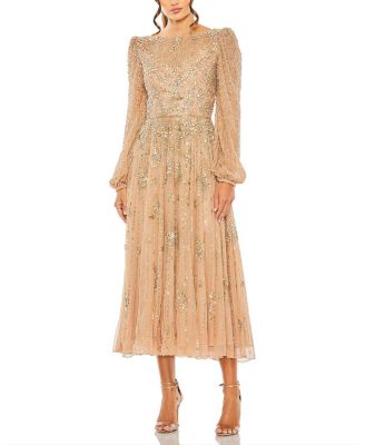 Mac Duggal Floral Embellished High Neck Puff Long Sleeve A
