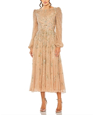 Shop Mac Duggal Floral Embellished High Neck Puff Long Sleeve A Line Midi Dress In Taupe