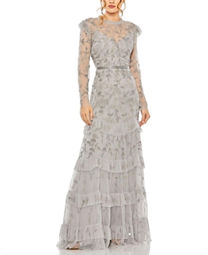 Mac Duggal High Neck Flutter Cap Long Sleeve Tiered Embellish In Platinum