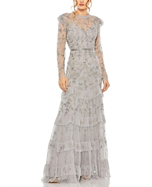 High Neck Flutter Cap Long Sleeve Tiered Embellished Gown