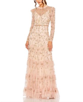 Mac Duggal High Neck Flutter Cap Long Sleeve Tiered