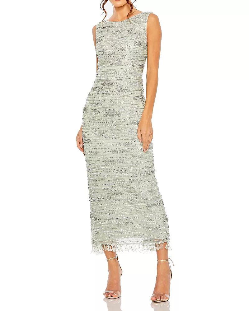 Mac Duggal Sleeveless Crystal Fringe Column Dress