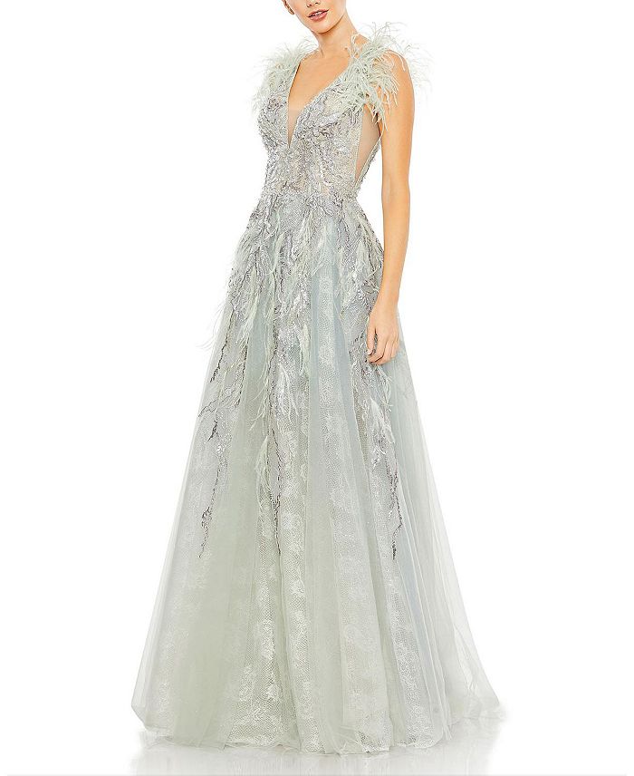 Mac Duggal Embellished Feathered Sleeveless A Line Gown | Bloomingdale's