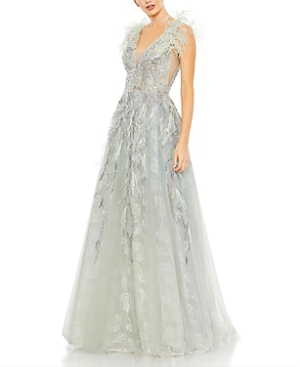 Embellished Feathered Sleeveless A Line Gown