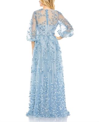 Embroidered Puff Sleeve A-Line Gown