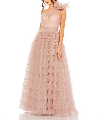 Mac Duggal - One Shoulder Faux Bow Feather Tiered A Line Gown