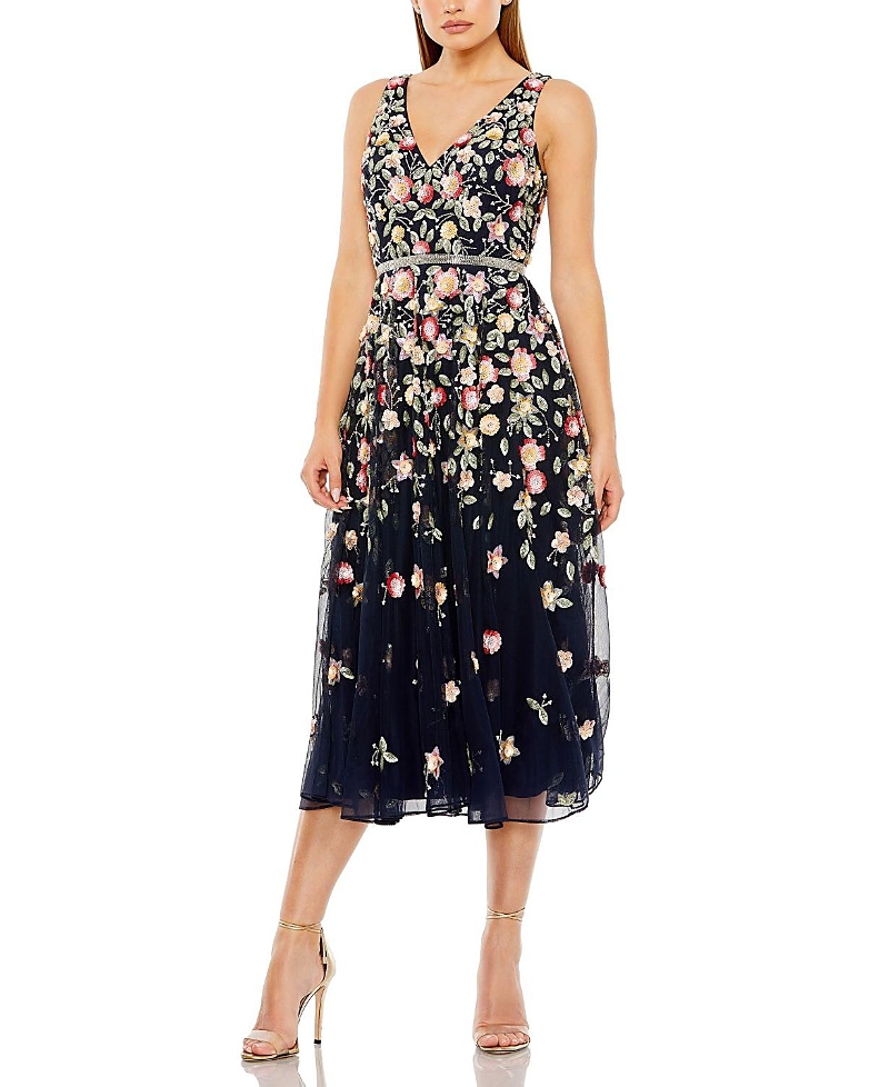 Mac Duggal Floral Embellished V-Neck Midi Dress