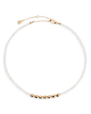 Pav&eacute; & Cultured Freshwater Pearl Polished Pebble Beaded Collar Necklace in 18K Gold Plated, 15"-18" 