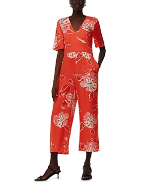 Whistles Womens Coral Aimee Hibiscus-print Short-sleeve Woven Jumpsuit In Coral