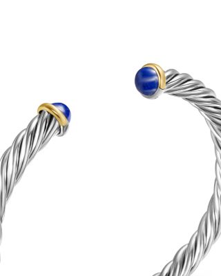 Men's Cable Cuff Bracelet in Sterling Silver with 14K Yellow Gold and Lapis, 6mm