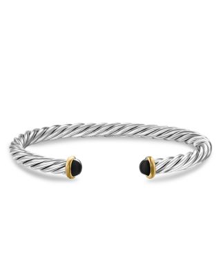 Men's Cable Cuff Bracelet in Sterling Silver with 14K Yellow Gold and Black Onyx, 6mm