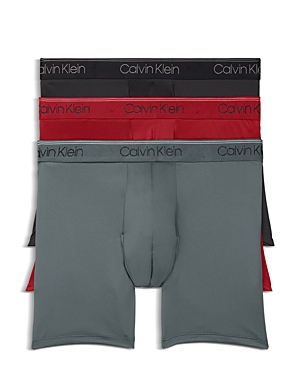 Shop Calvin Klein Microfiber Stretch Wicking Boxer Briefs, Pack Of 3 In Black/red/grey