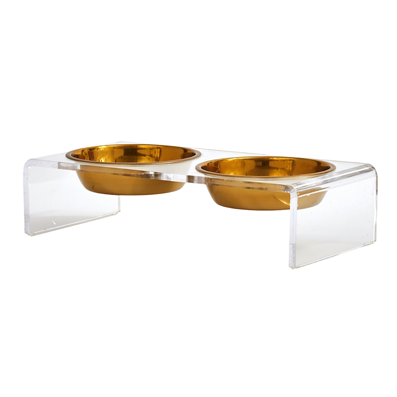 Hiddin Small Clear Double Bowl Pet Feeder, 1 Pint Bowls