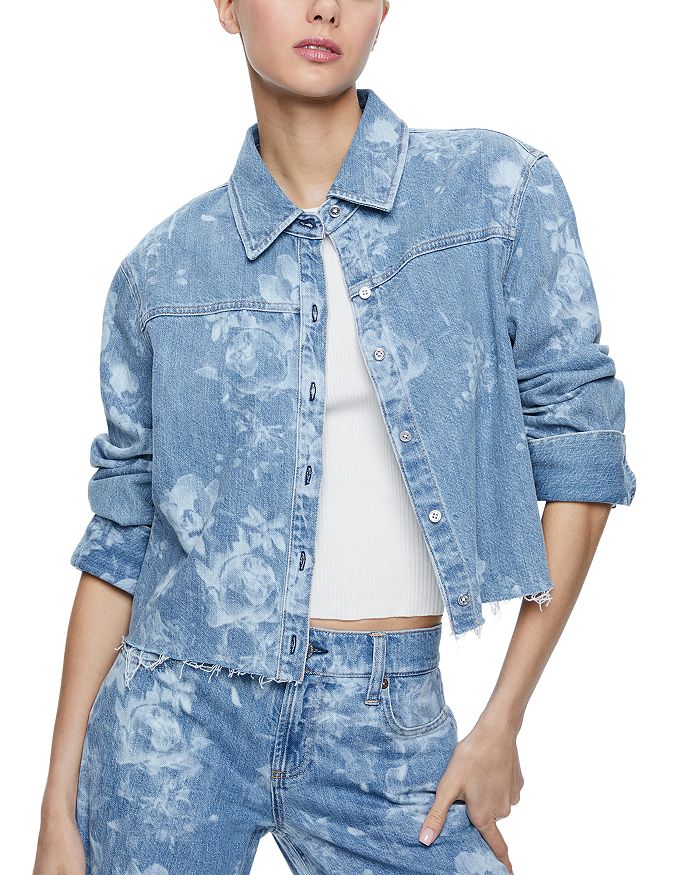 Alice and Olivia Floral Cropped Raw Hem Denim Jacket Bloomingdale s
