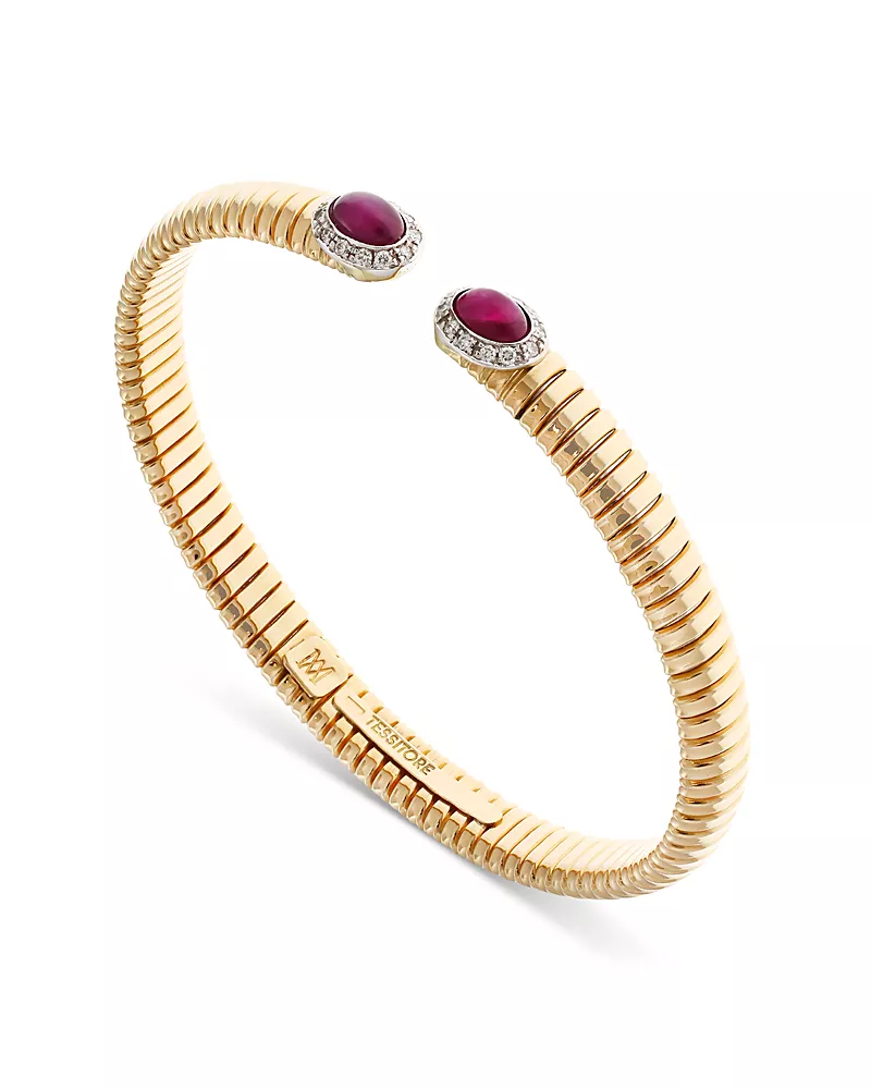 Alberto Milani 18K Yellow Gold Via Giardino Tubogas Domed Emerald Cabochon & Diamond Bracelet